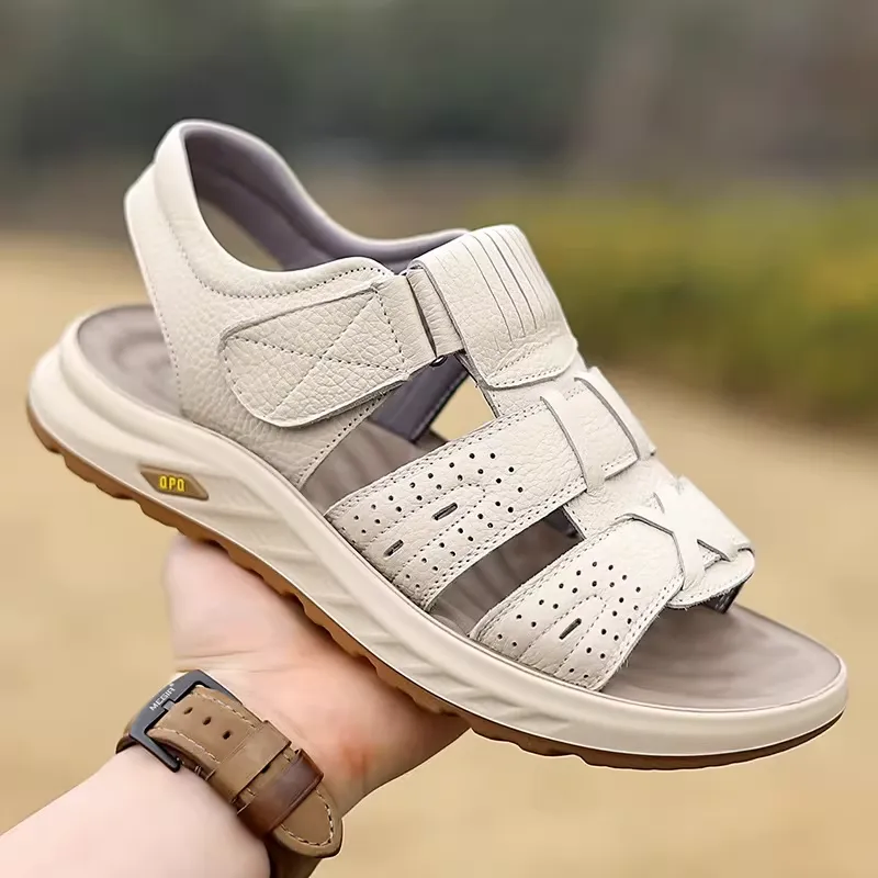 New Men's Sandals Cowhide Beach Shoes Casual Platform Slippers Velcro White Men's Leather Sandals